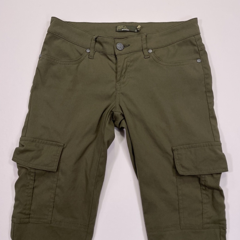 Prana Skinny Cargo Stretch Pants Womens Size 0 26x28 Olive Green Hiking Outdoor
